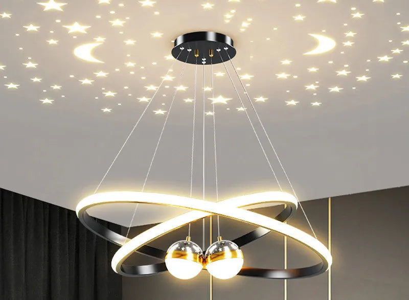 Ring Chandelier with Moon Stars Creative Black/Gold Ring Circle LED Chandelier for Bedroom Dining Room