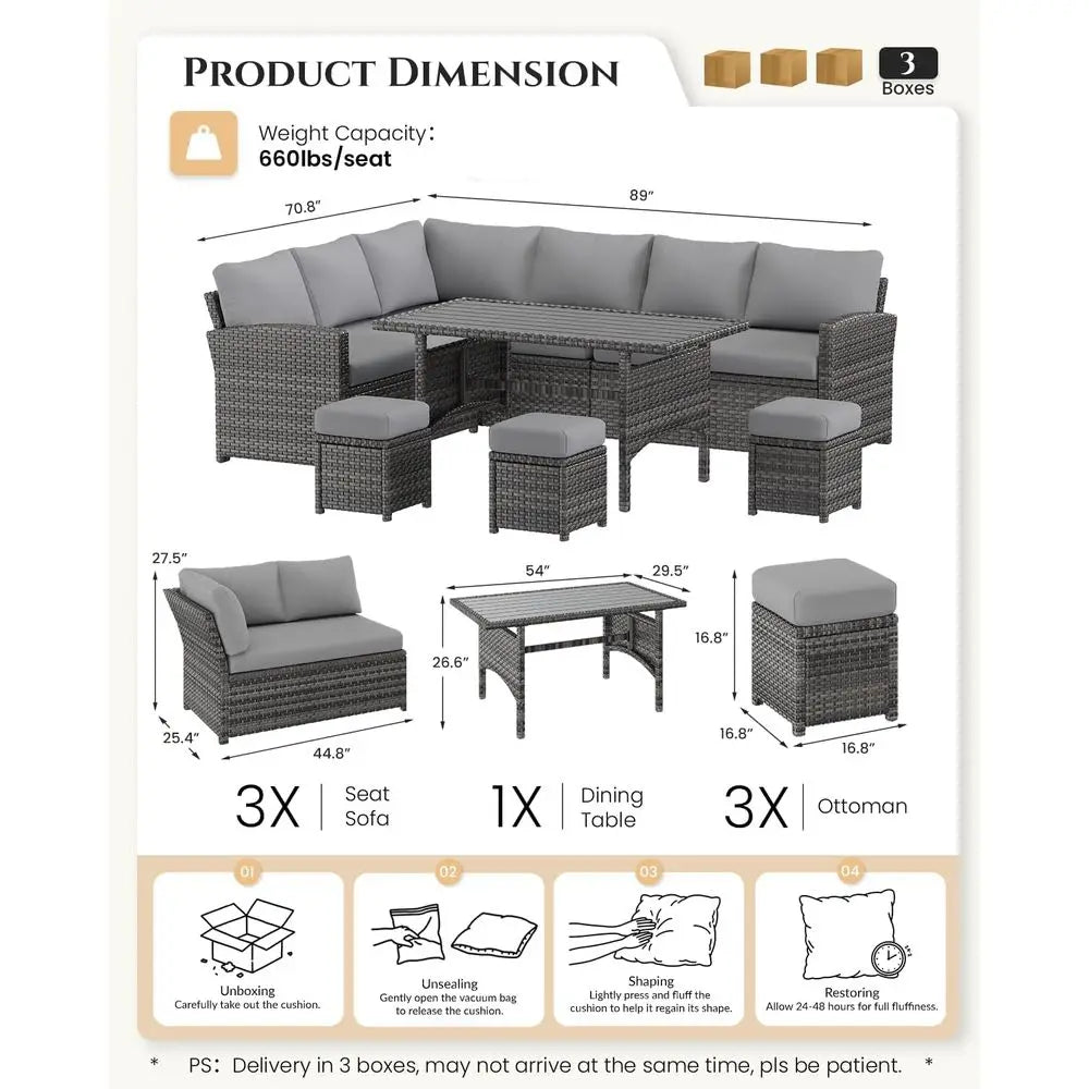 All-Weather Grey Rattan Patio Furniture Set with Sectional Sofa