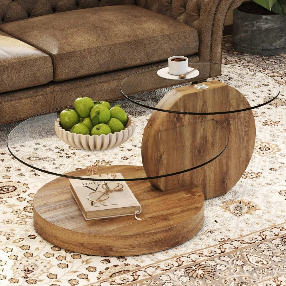 Preferred 42 Inches Round Tempered Glass Coffee Tables for Living Room, 3-Tier Circle Wood