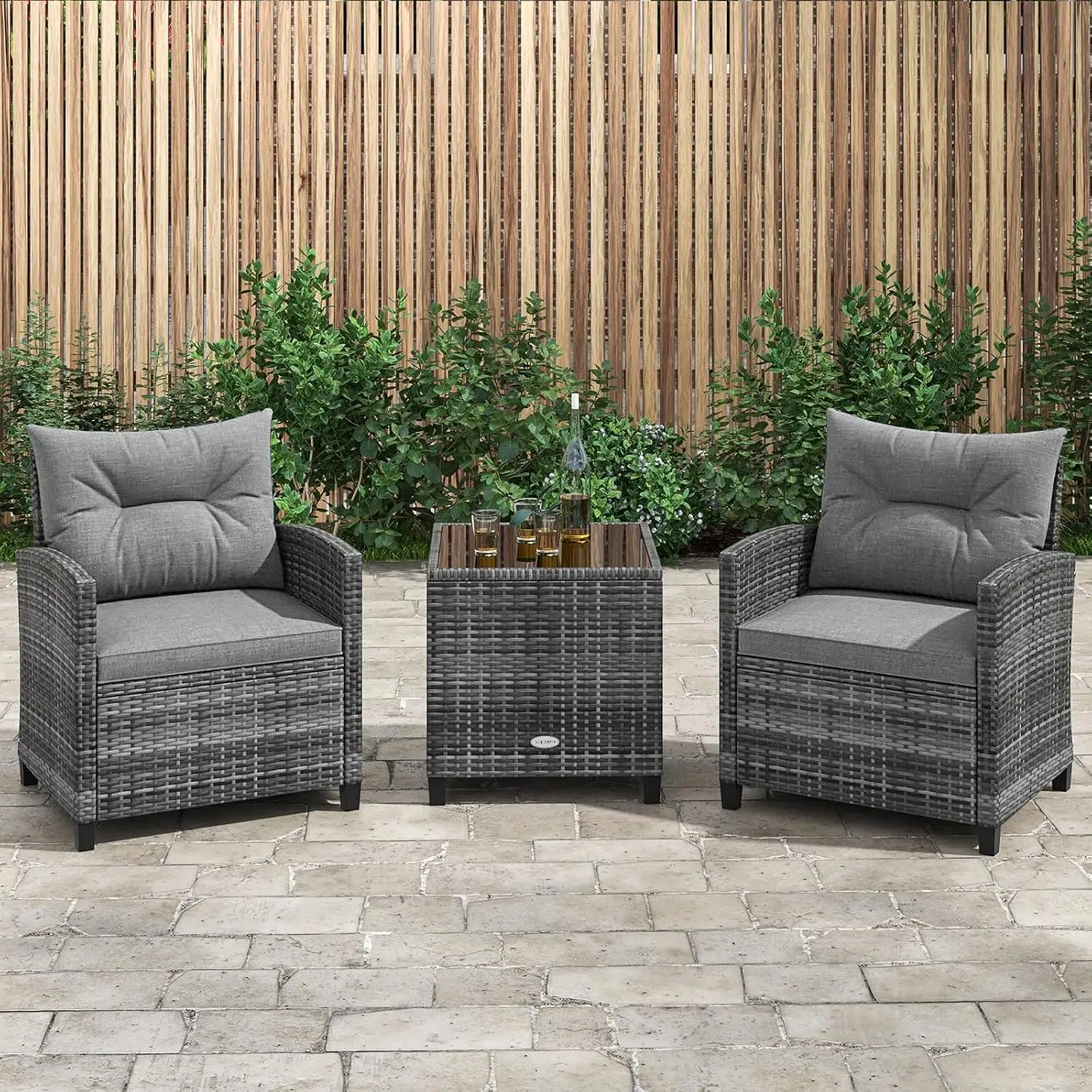 Patio Furniture Set, Outdoor PE Rattan, Washable Cushions & Tempered Glass Tabletop