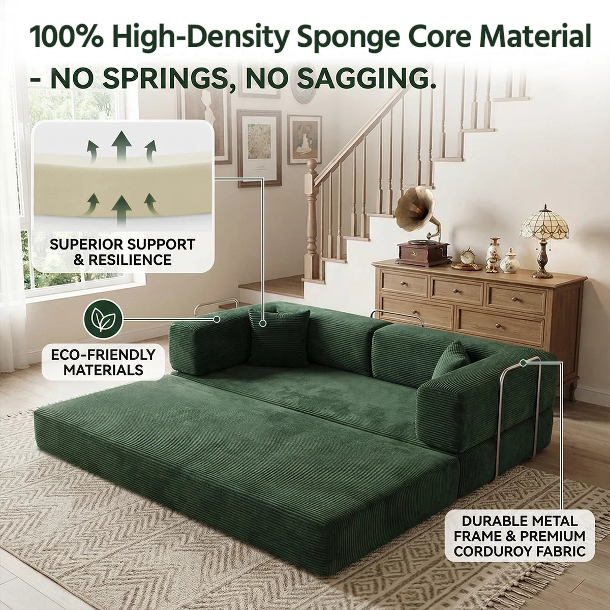 Queen Size 79' Convertible Couch 4-in-1 Folding Corduroy Futon Bed