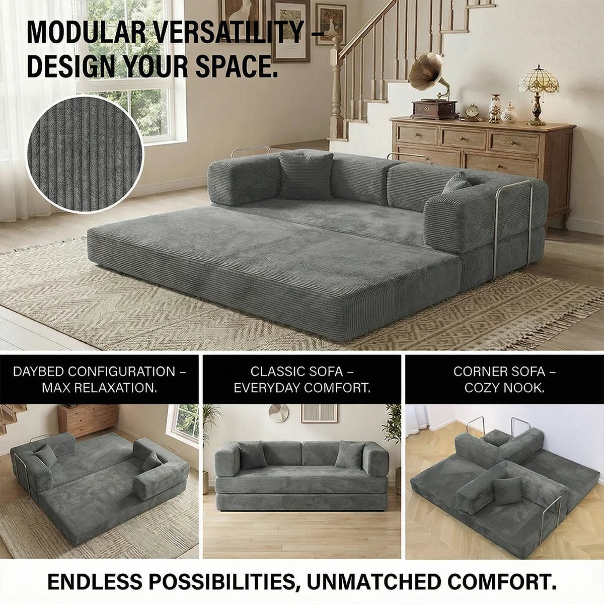 Queen Size 79' Convertible Couch 4-in-1 Folding Corduroy Futon Bed