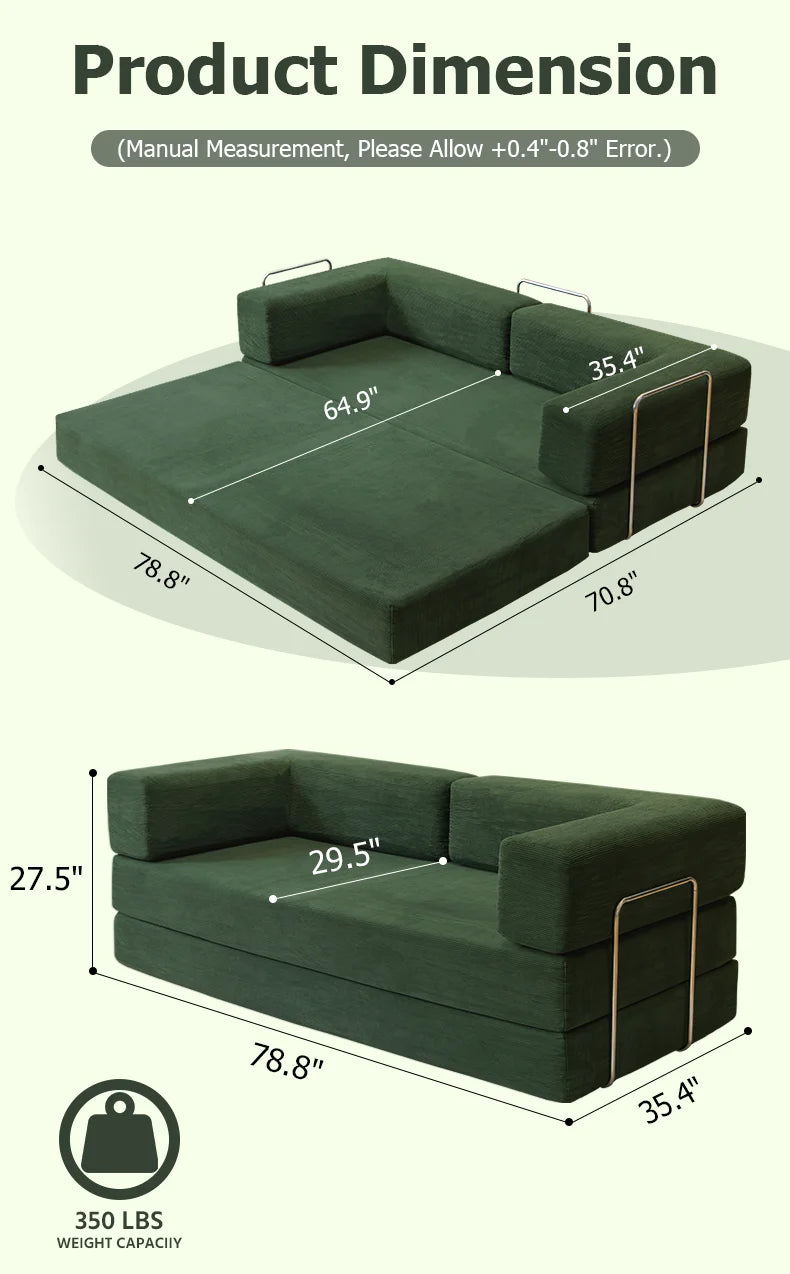 Queen Size 79' Convertible Couch 4-in-1 Folding Corduroy Futon Bed