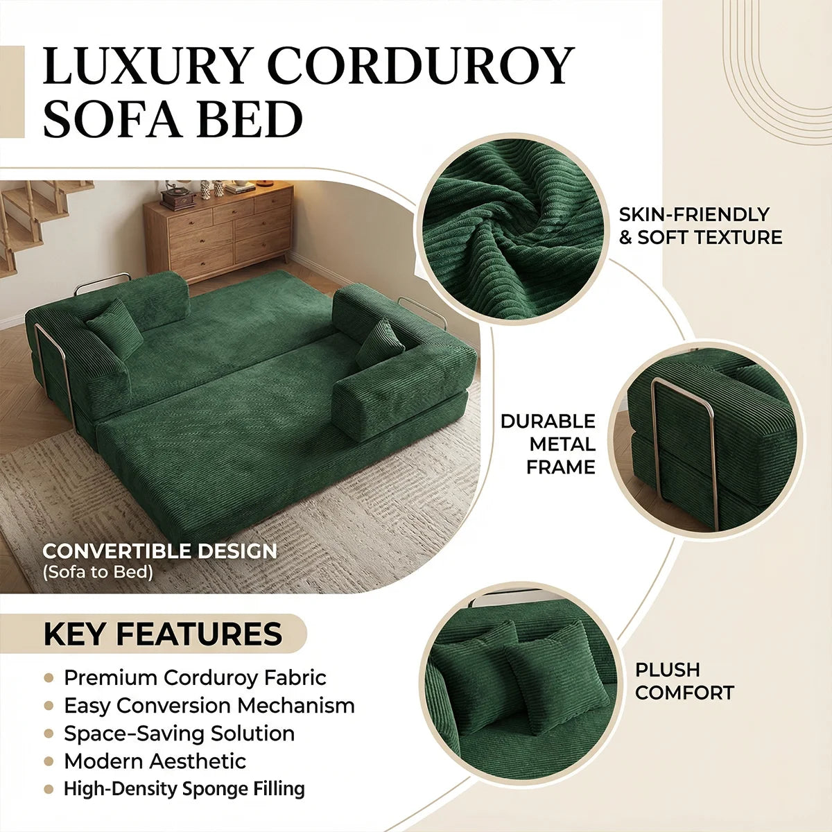 Queen Size 79' Convertible Couch 4-in-1 Folding Corduroy Futon Bed