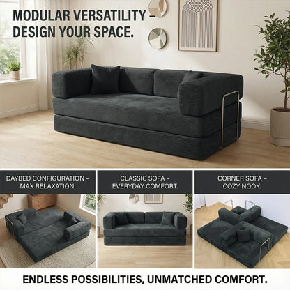 Queen Size 79' Convertible Couch 4-in-1 Folding Corduroy Futon Bed