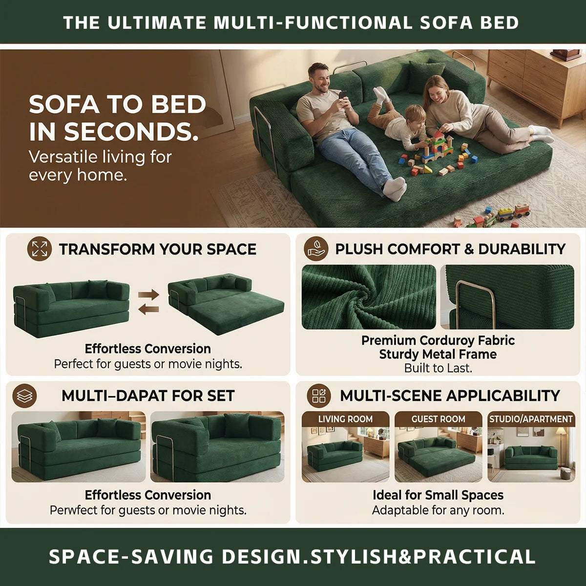 Queen Size 79' Convertible Couch 4-in-1 Folding Corduroy Futon Bed