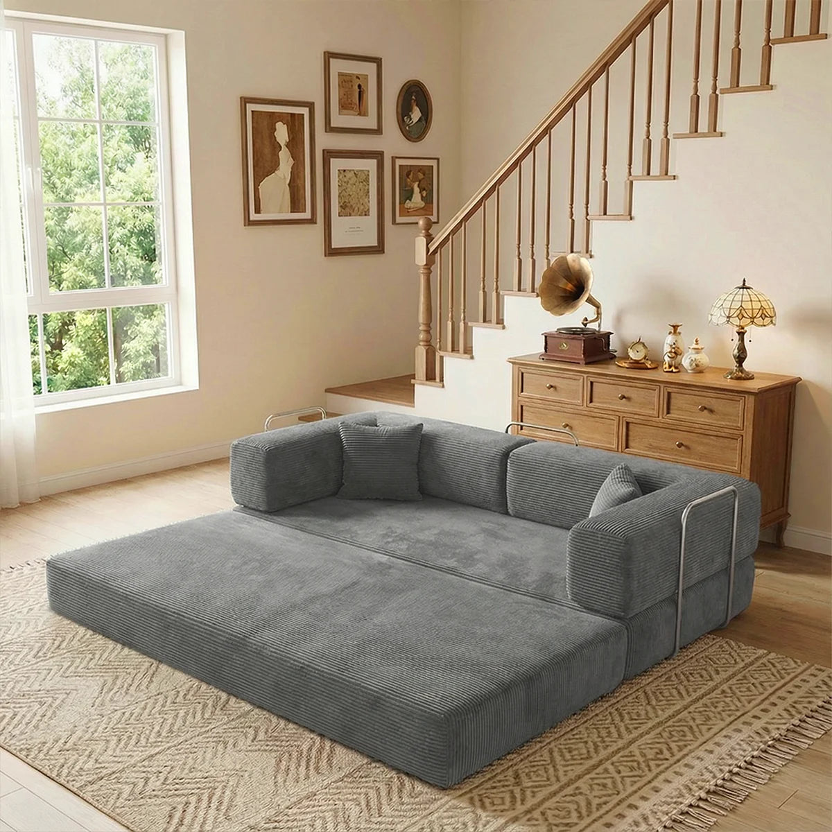 Queen Size 79' Convertible Couch 4-in-1 Folding Corduroy Futon Bed
