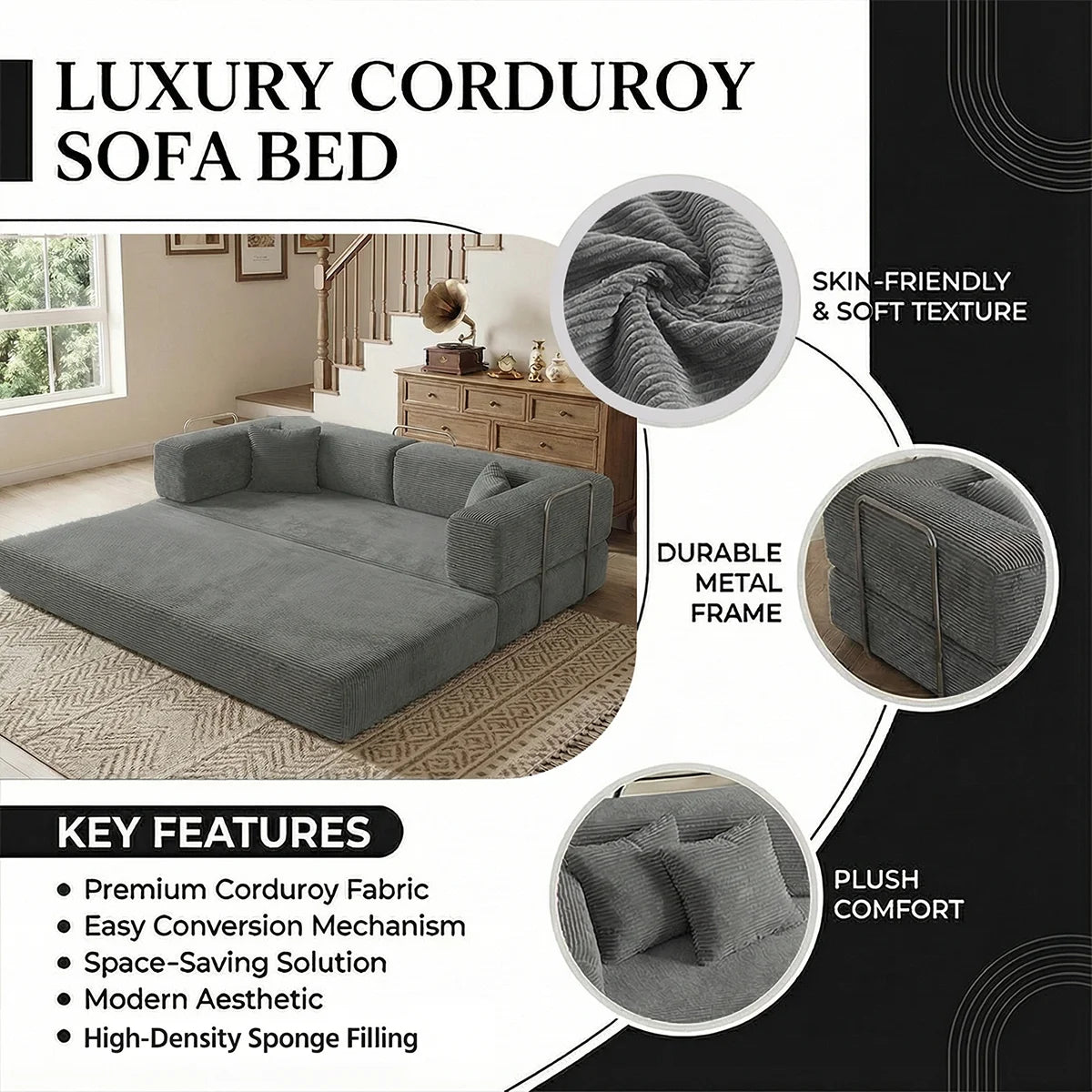 Queen Size 79' Convertible Couch 4-in-1 Folding Corduroy Futon Bed
