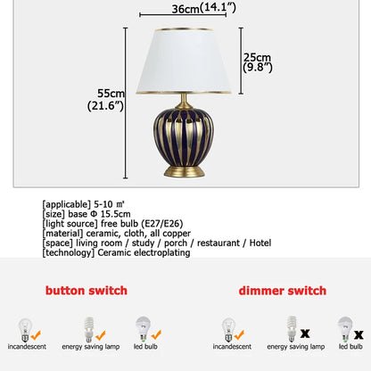 BRIGHT Copper Table Lamps Ceramic Luxury Modern Fabric for Foyer,  Living Room,, Creative Bed Room