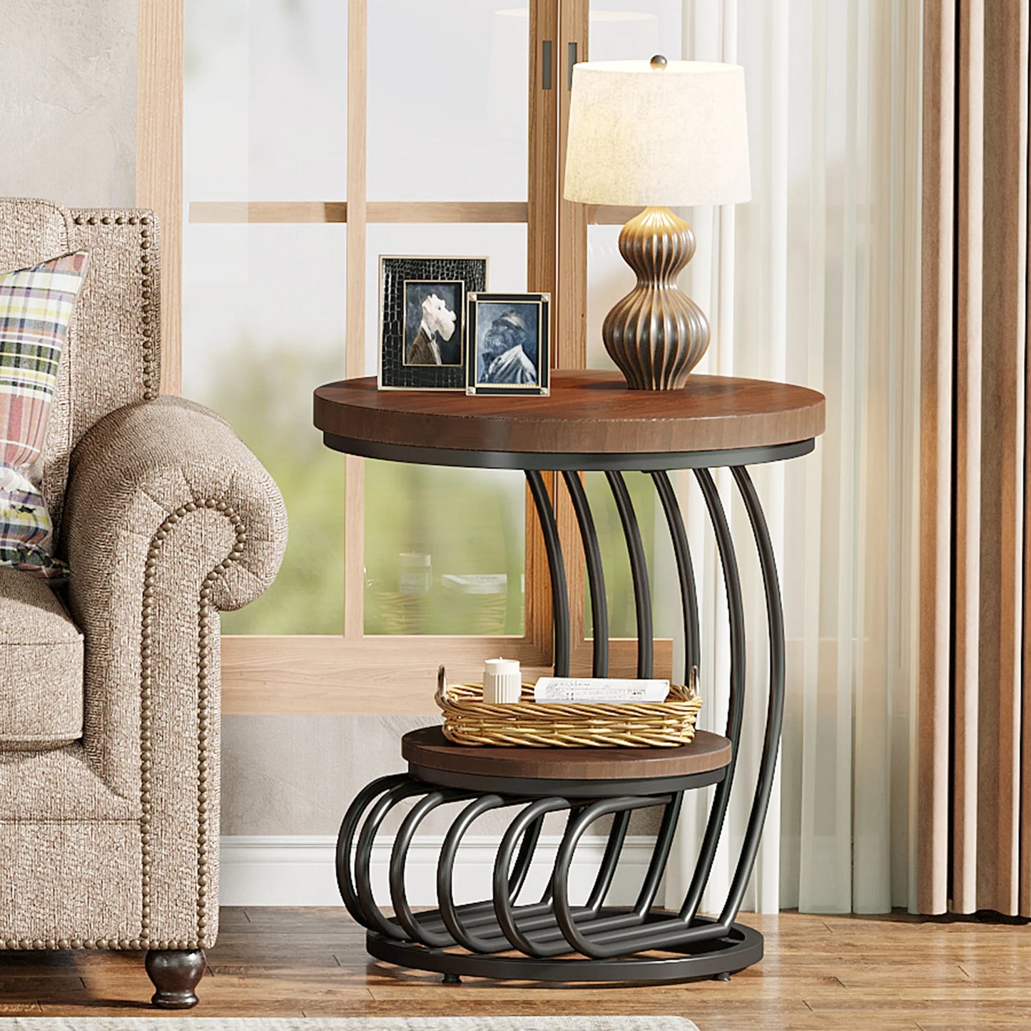Tribesigns Gold Round End Table: 2 Tiers Faux Marble Side Table with Storage Shelf