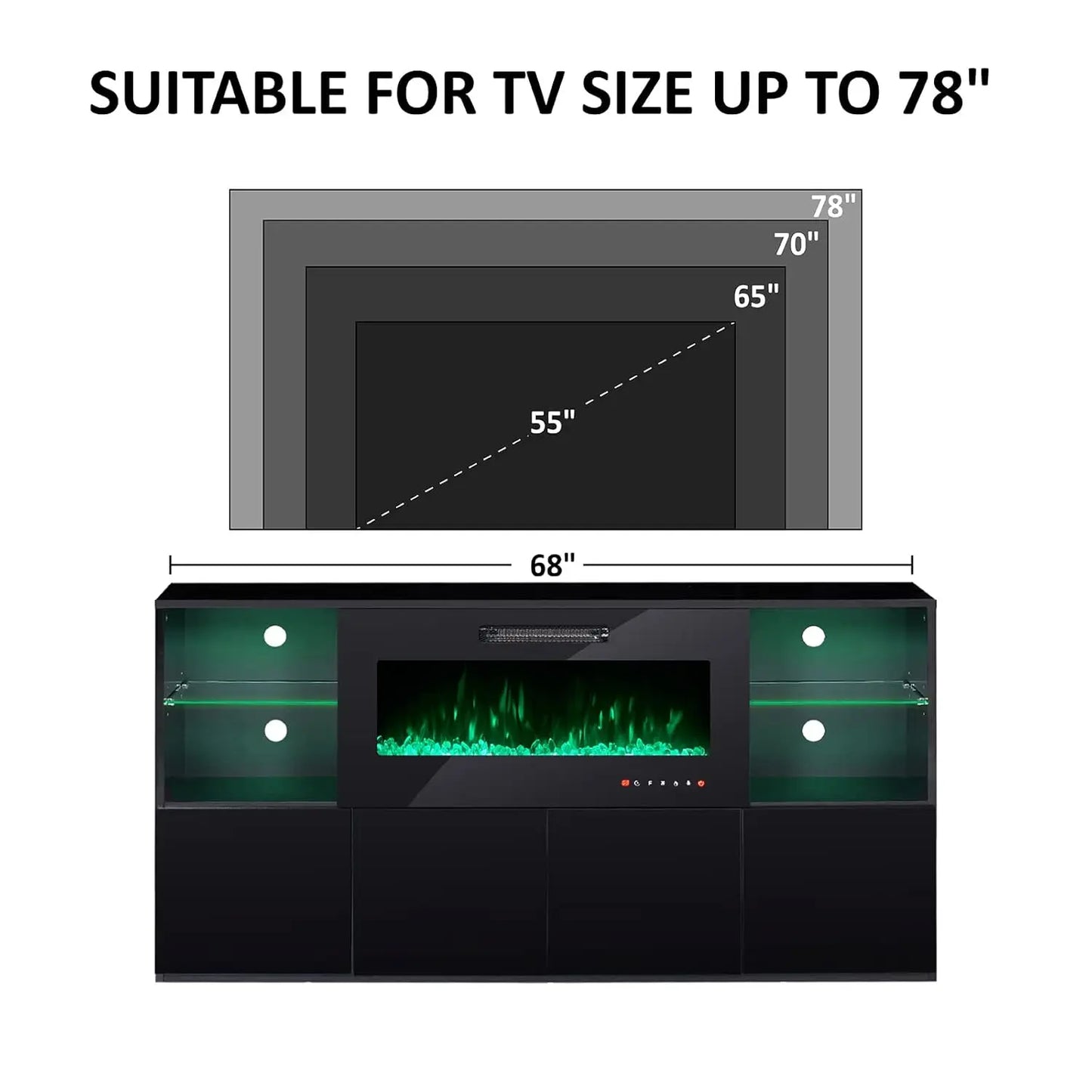 68" High Gloss Fireplace TV Stand with 40" LED Insert, Glass Shelves, Black, Customized