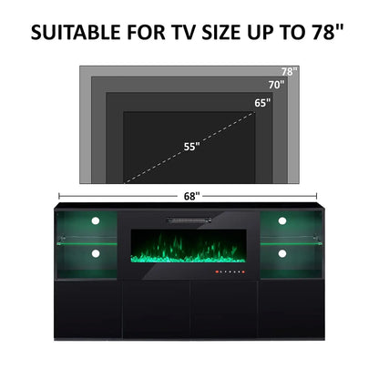 68" High Gloss Fireplace TV Stand with 40" LED Insert, Glass Shelves, Black, Customized