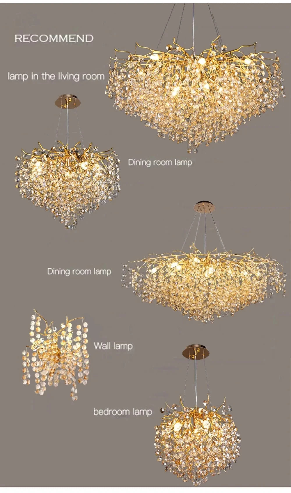 Modern Living Room LED Crystal Gold Large Chandelier Kitchen Long Pendant Lamp