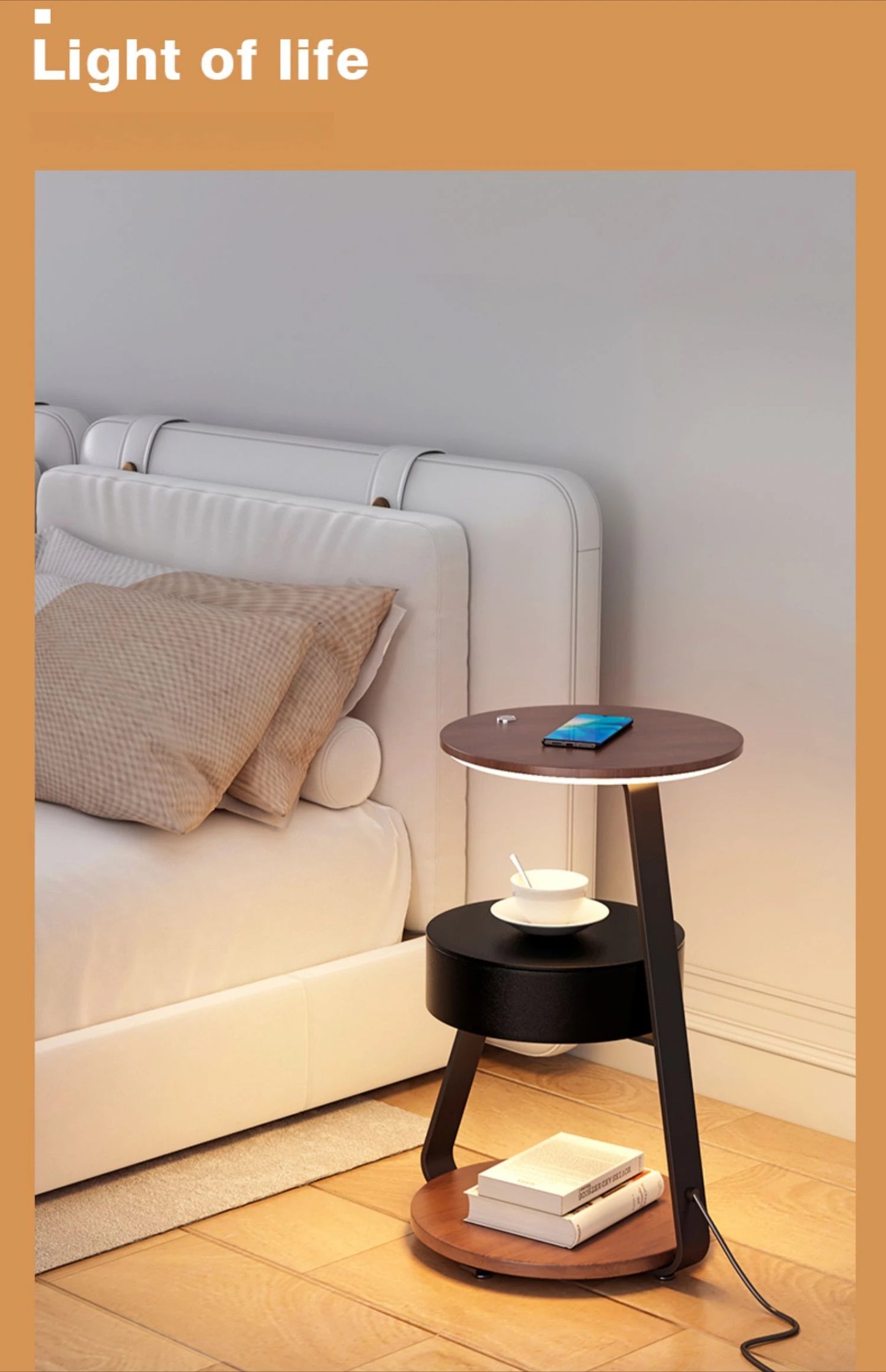 Bedroom Minimalist Nightstands Small Space Round  Table With Wireless Charger