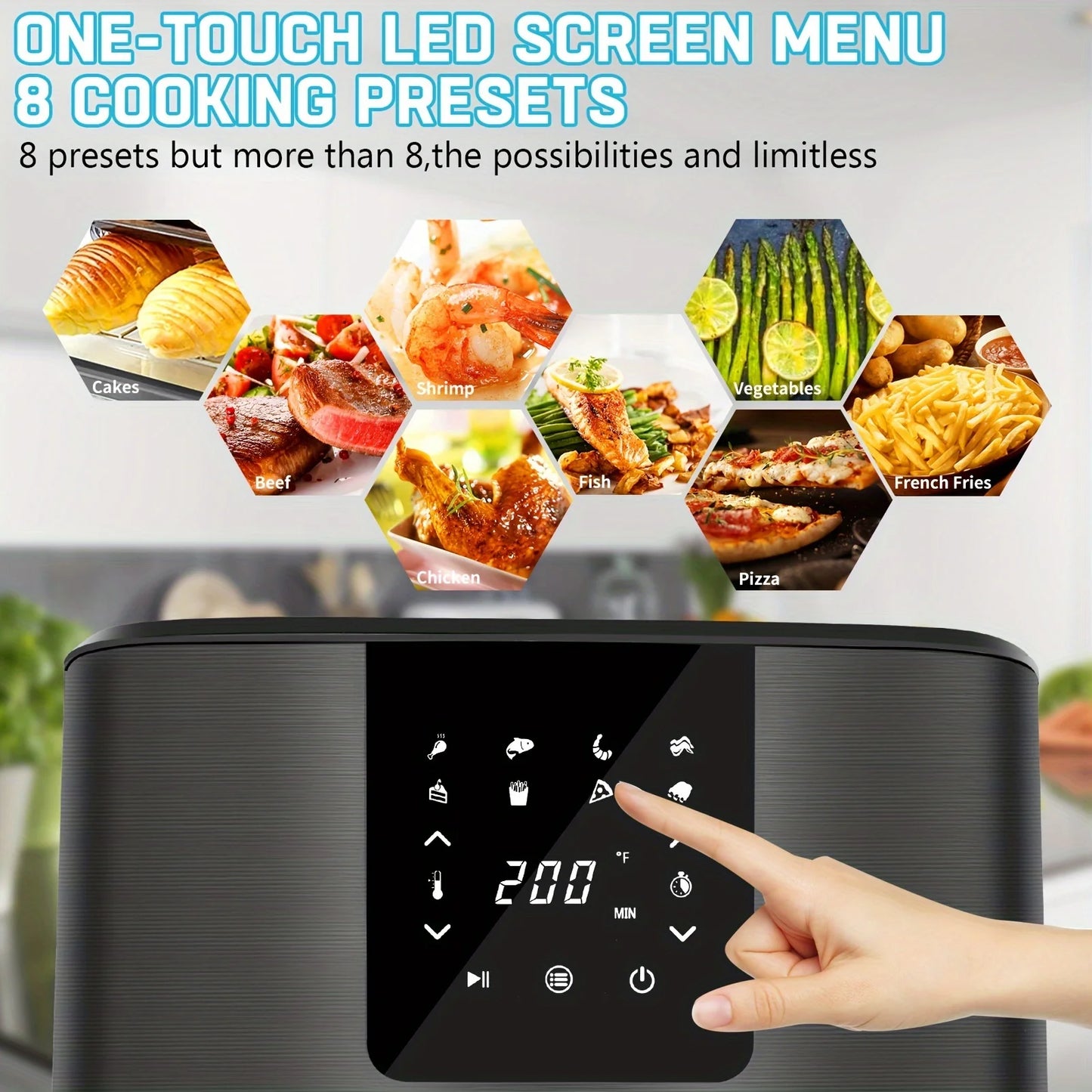 KitCook Large, 1500W 7QT AirFryer, Adjustable Temperature 100-400°F, 8 Presets Menu, Digital Touch Screen