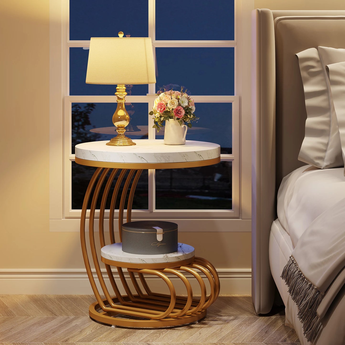 Tribesigns Gold Round End Table: 2 Tiers Faux Marble Side Table with Storage Shelf