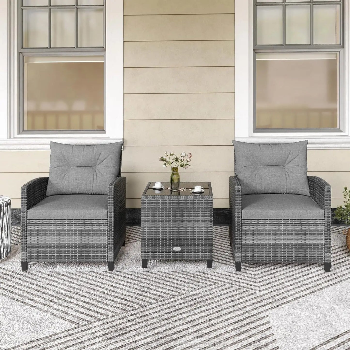 Patio Furniture Set, Outdoor PE Rattan, Washable Cushions & Tempered Glass Tabletop