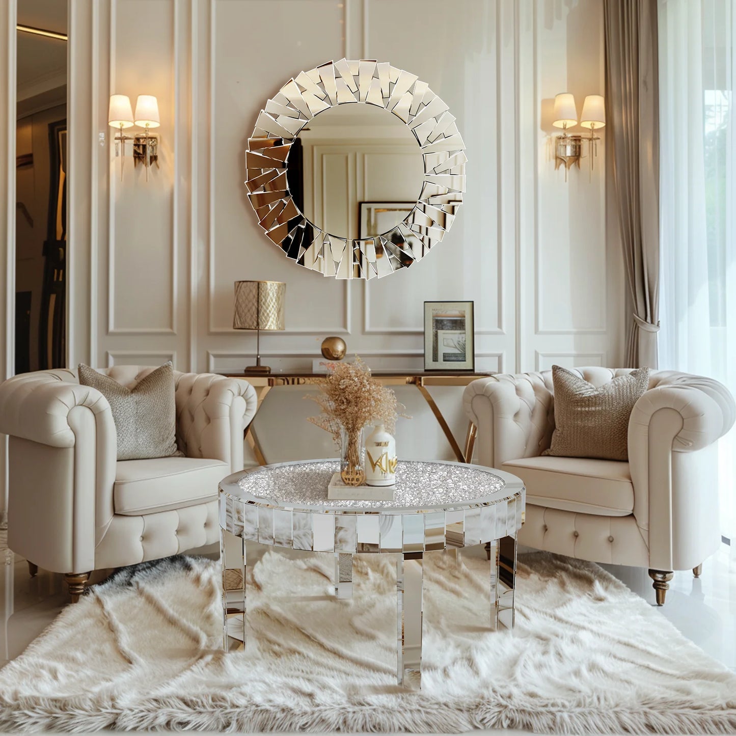 FATIVO Large Round Mirrored Coffee Table Beveled, Crushed Diamond End Table
