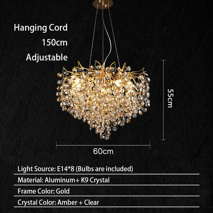Modern Living Room LED Crystal Gold Large Chandelier Kitchen Long Pendant Lamp