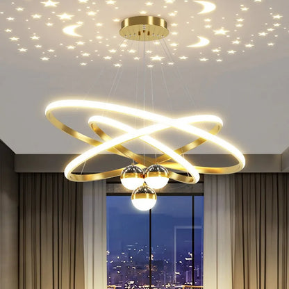 Ring Chandelier with Moon Stars Creative Black/Gold Ring Circle LED Chandelier for Bedroom Dining Room
