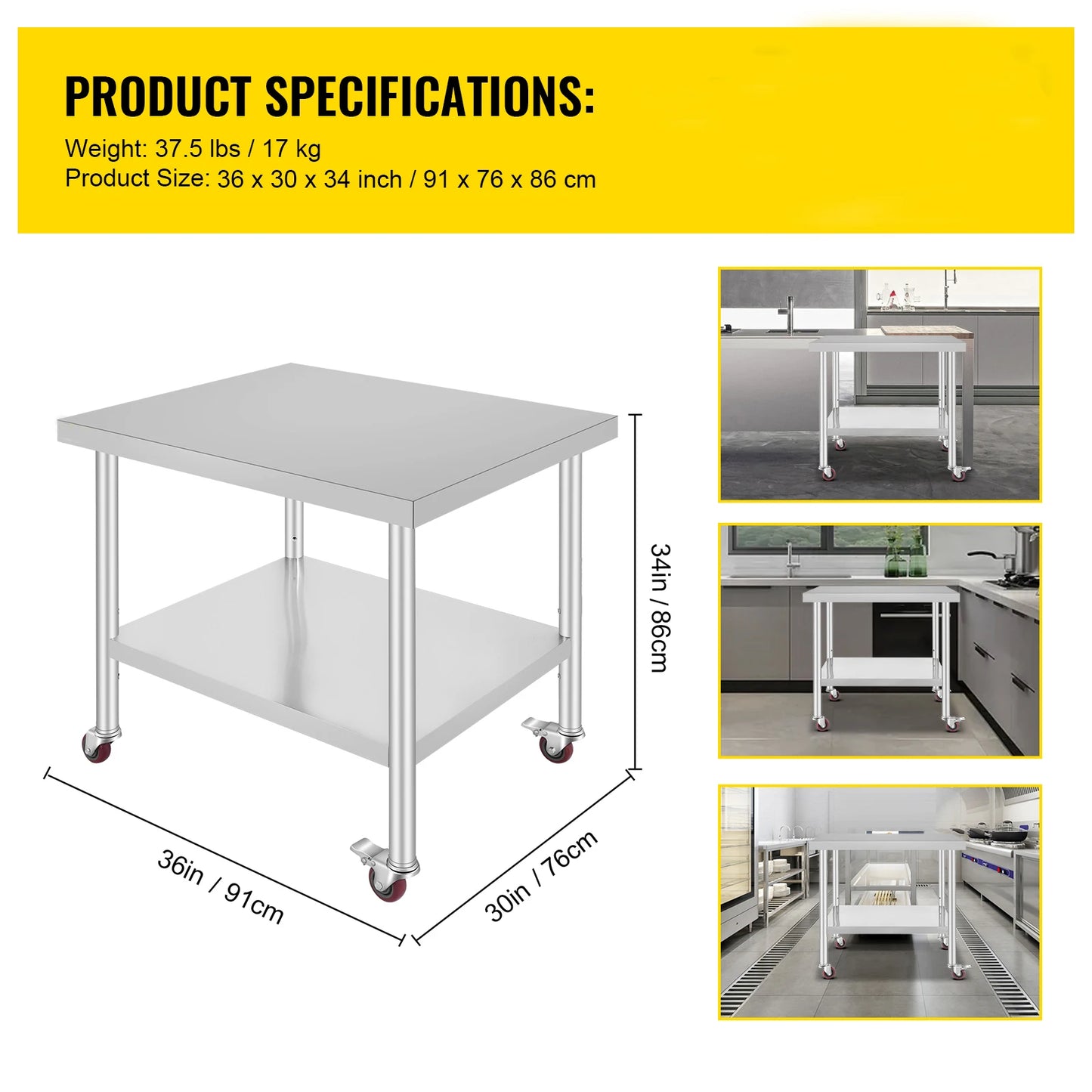 Stainless Steel Kitchen,  Commercial Work Bench Table with Caster Wheels