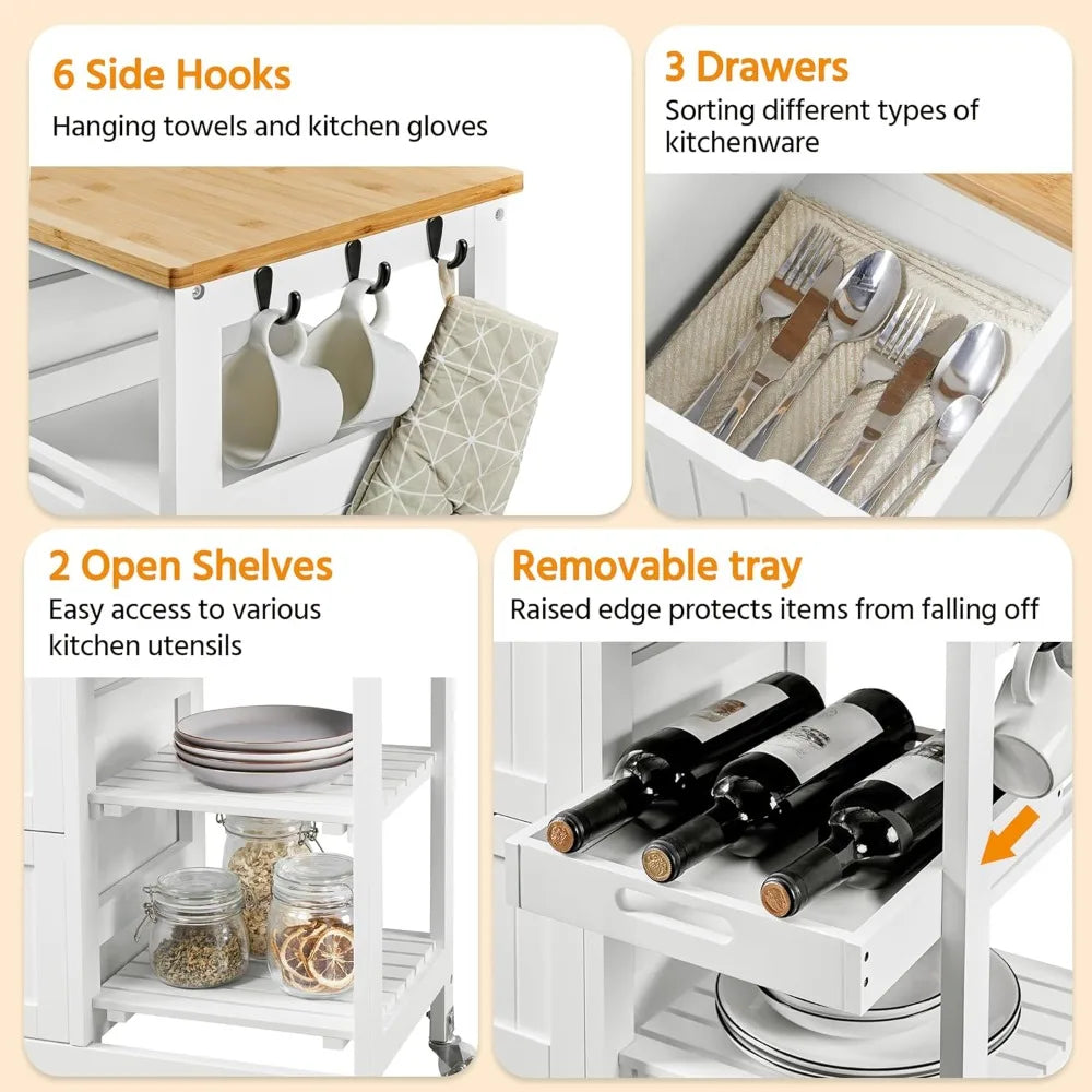 Kitchen Rolling Storage Cart w Bamboo Countertop, 3 Drawers, 3 Removable Shelves & Lockable Casters