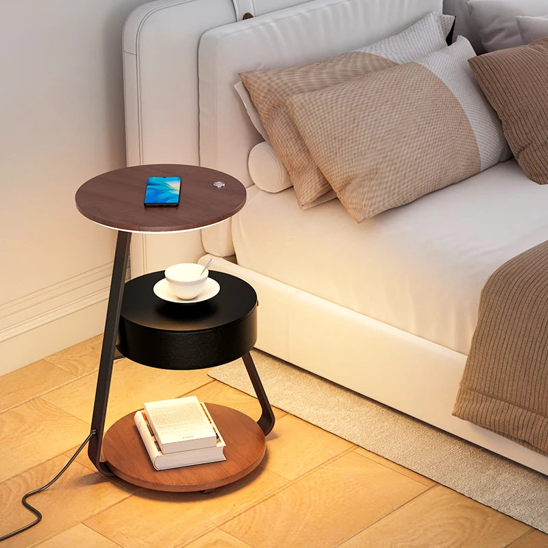 Bedroom Minimalist Nightstands Small Space Round  Table With Wireless Charger