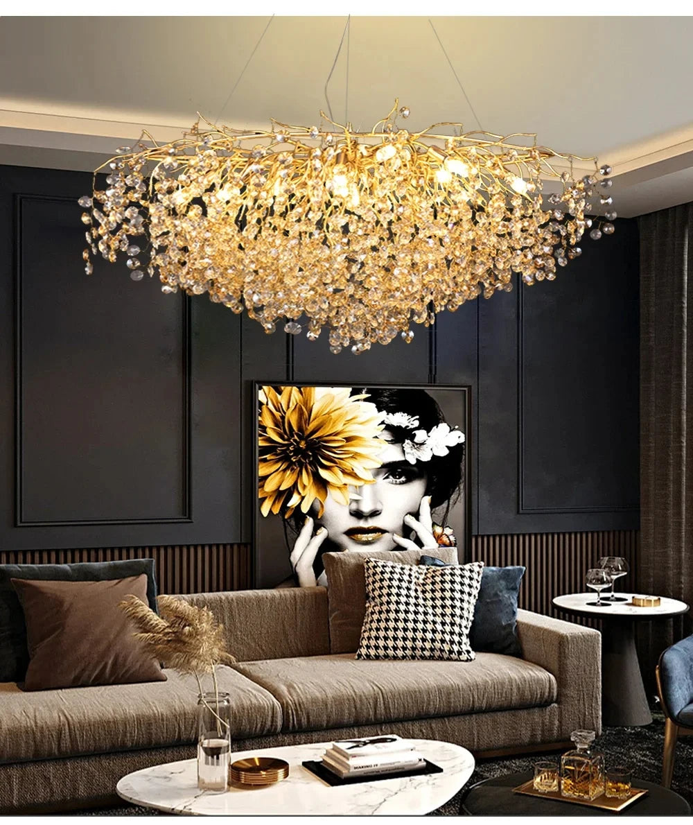 Modern Living Room LED Crystal Gold Large Chandelier Kitchen Long Pendant Lamp