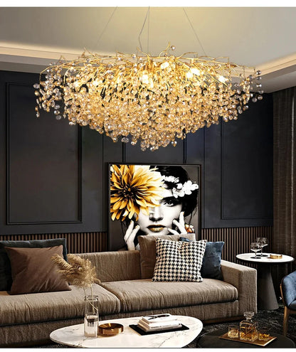 Modern Living Room LED Crystal Gold Large Chandelier Kitchen Long Pendant Lamp