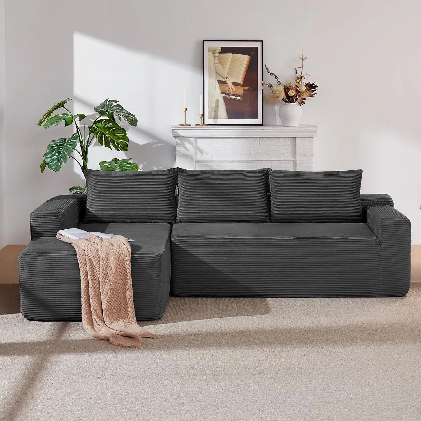 97" Modular Sectional Sofa L-Shape Chaise Deep Seat Corduroy  Left Facing No Assembly, Custom