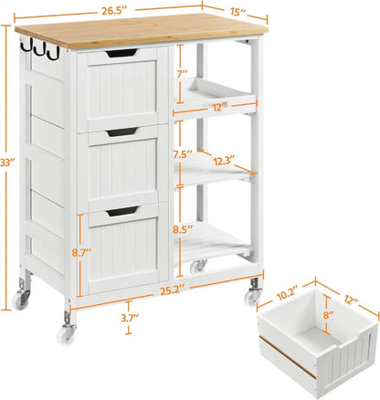 Kitchen Rolling Storage Cart w Bamboo Countertop, 3 Drawers, 3 Removable Shelves & Lockable Casters