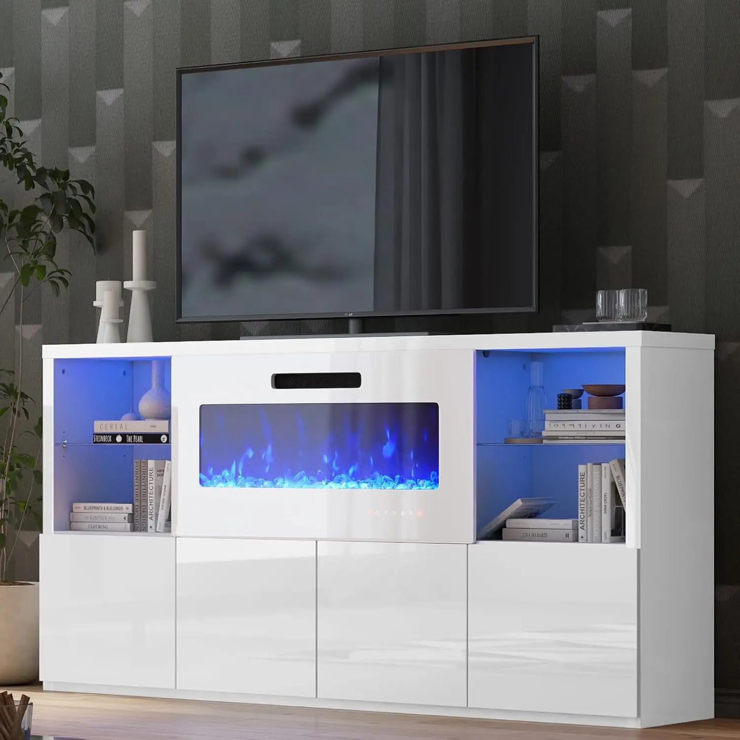 68" High Gloss Fireplace TV Stand with 40" LED Insert, Glass Shelves, Black, Customized
