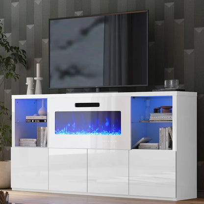 68" High Gloss Fireplace TV Stand with 40" LED Insert, Glass Shelves, Black, Customized
