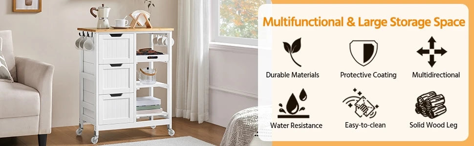 Kitchen Rolling Storage Cart w Bamboo Countertop, 3 Drawers, 3 Removable Shelves & Lockable Casters