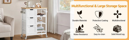 Kitchen Rolling Storage Cart w Bamboo Countertop, 3 Drawers, 3 Removable Shelves & Lockable Casters