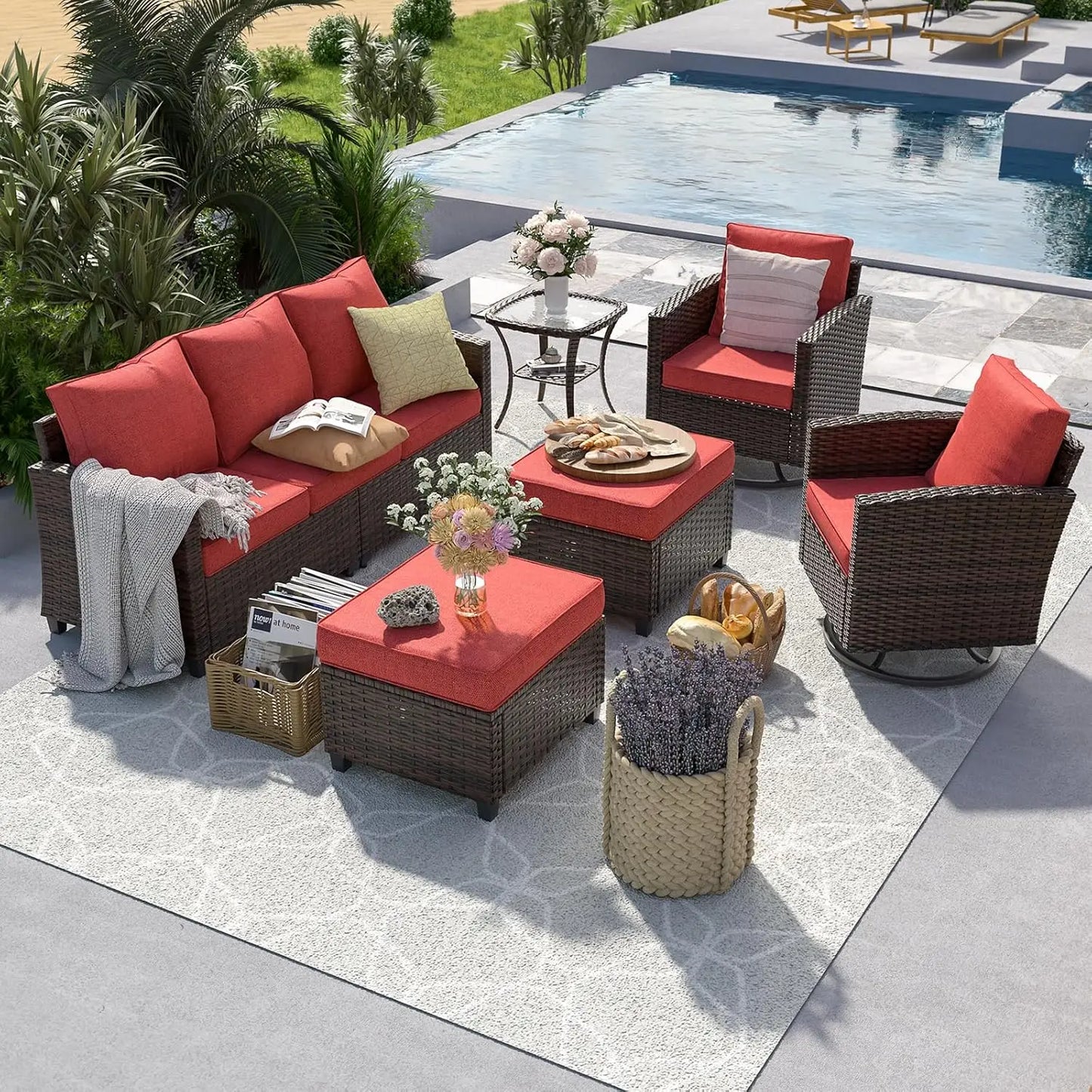 6pc PE Rattan Sectional Sofa, Swivel Chair & Side Table 4" Cushions