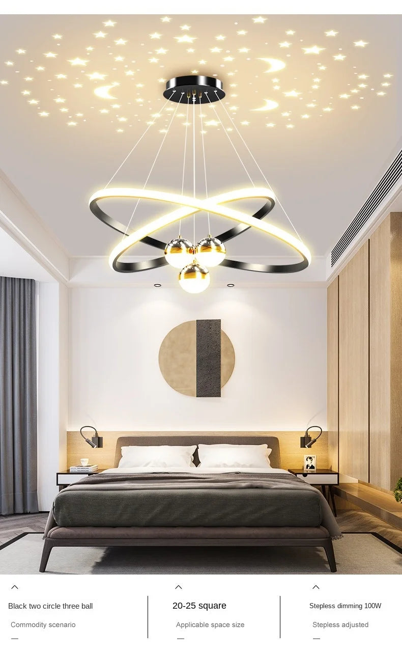 Ring Chandelier with Moon Stars Creative Black/Gold Ring Circle LED Chandelier for Bedroom Dining Room