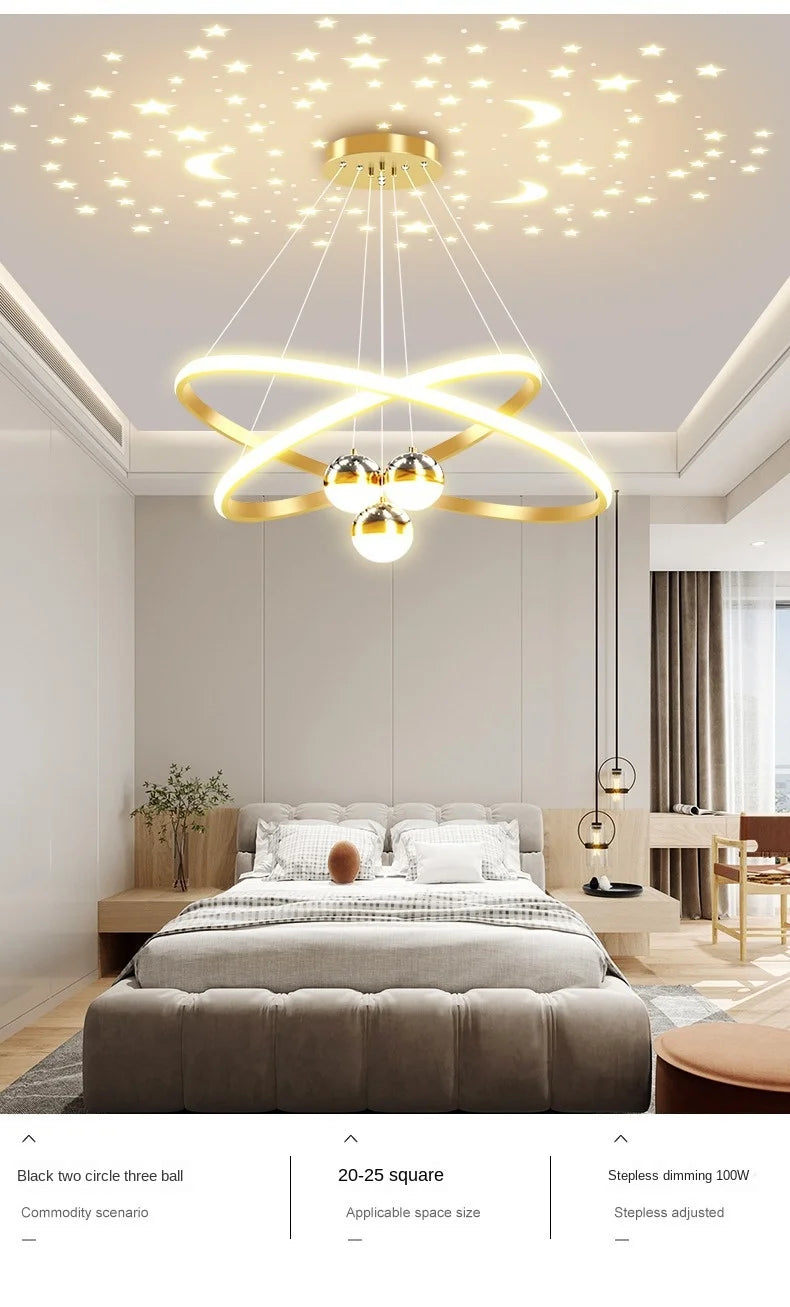 Ring Chandelier with Moon Stars Creative Black/Gold Ring Circle LED Chandelier for Bedroom Dining Room