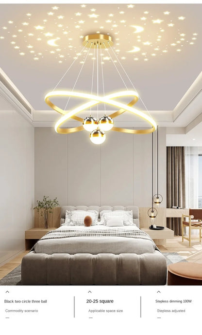 Ring Chandelier with Moon Stars Creative Black/Gold Ring Circle LED Chandelier for Bedroom Dining Room