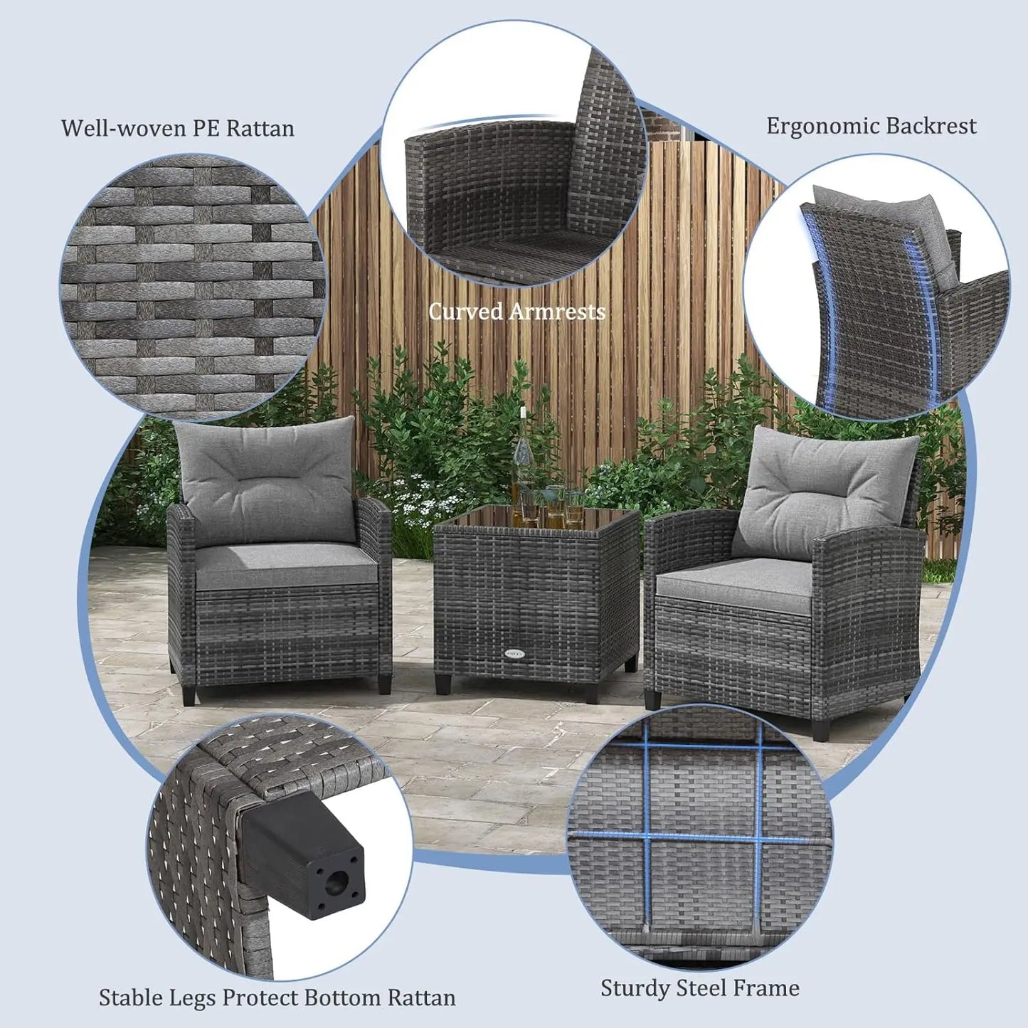 Patio Furniture Set, Outdoor PE Rattan, Washable Cushions & Tempered Glass Tabletop