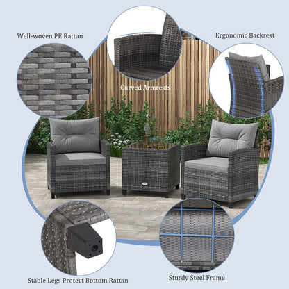 Patio Furniture Set, Outdoor PE Rattan, Washable Cushions & Tempered Glass Tabletop