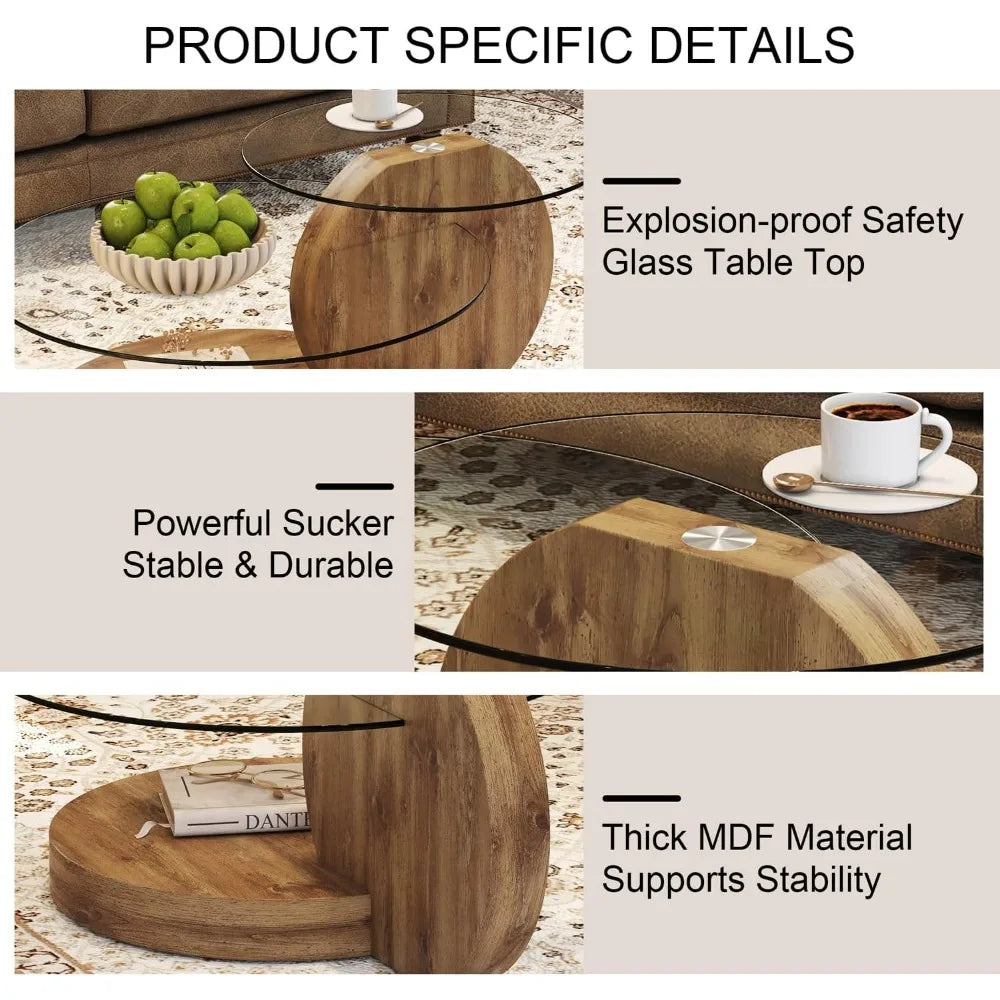 Preferred 42 Inches Round Tempered Glass Coffee Tables for Living Room, 3-Tier Circle Wood