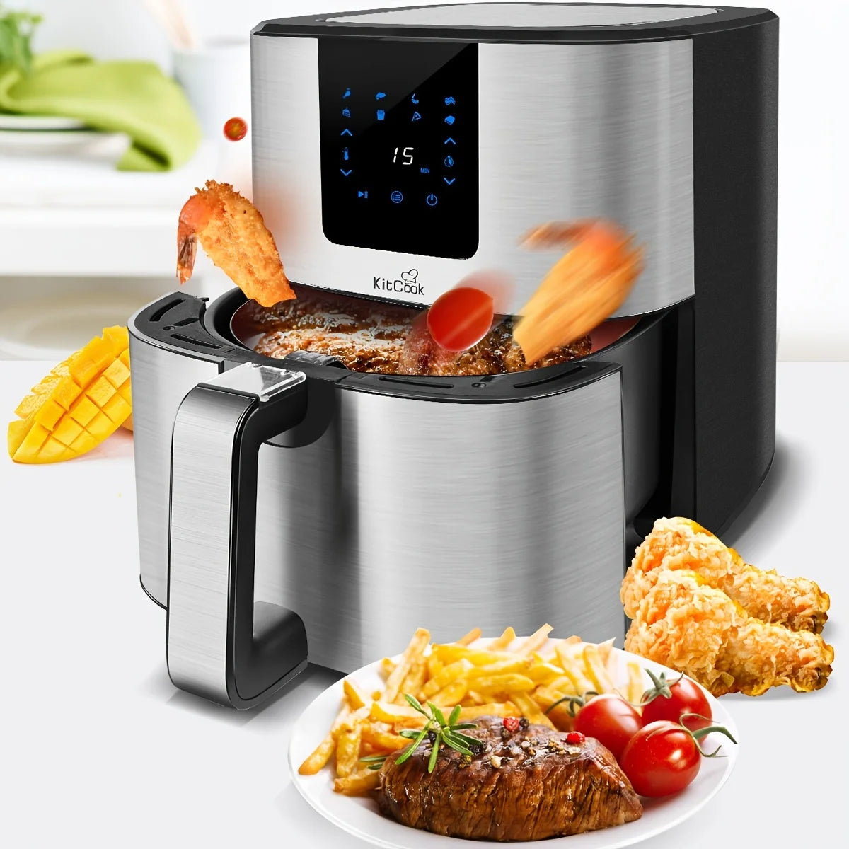 Air Fryer XL, 1500W 120V 6.8QT Stainless Steel Air Fryers Oven, Nonstick Basket, LED Touch Screen
