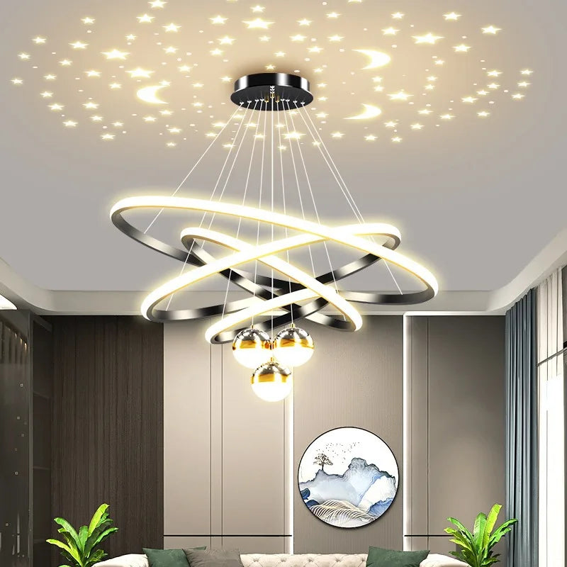 Ring Chandelier with Moon Stars Creative Black/Gold Ring Circle LED Chandelier for Bedroom Dining Room