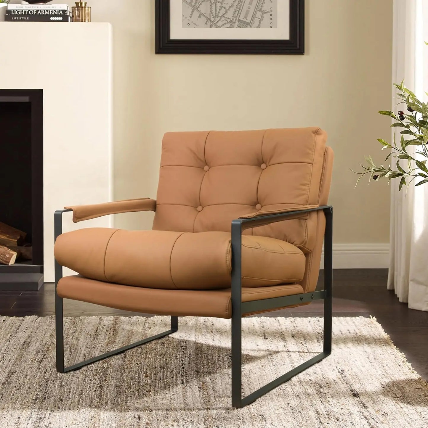 Genuine Leathe Mid Century Armchair Black Metal Frame, Customized