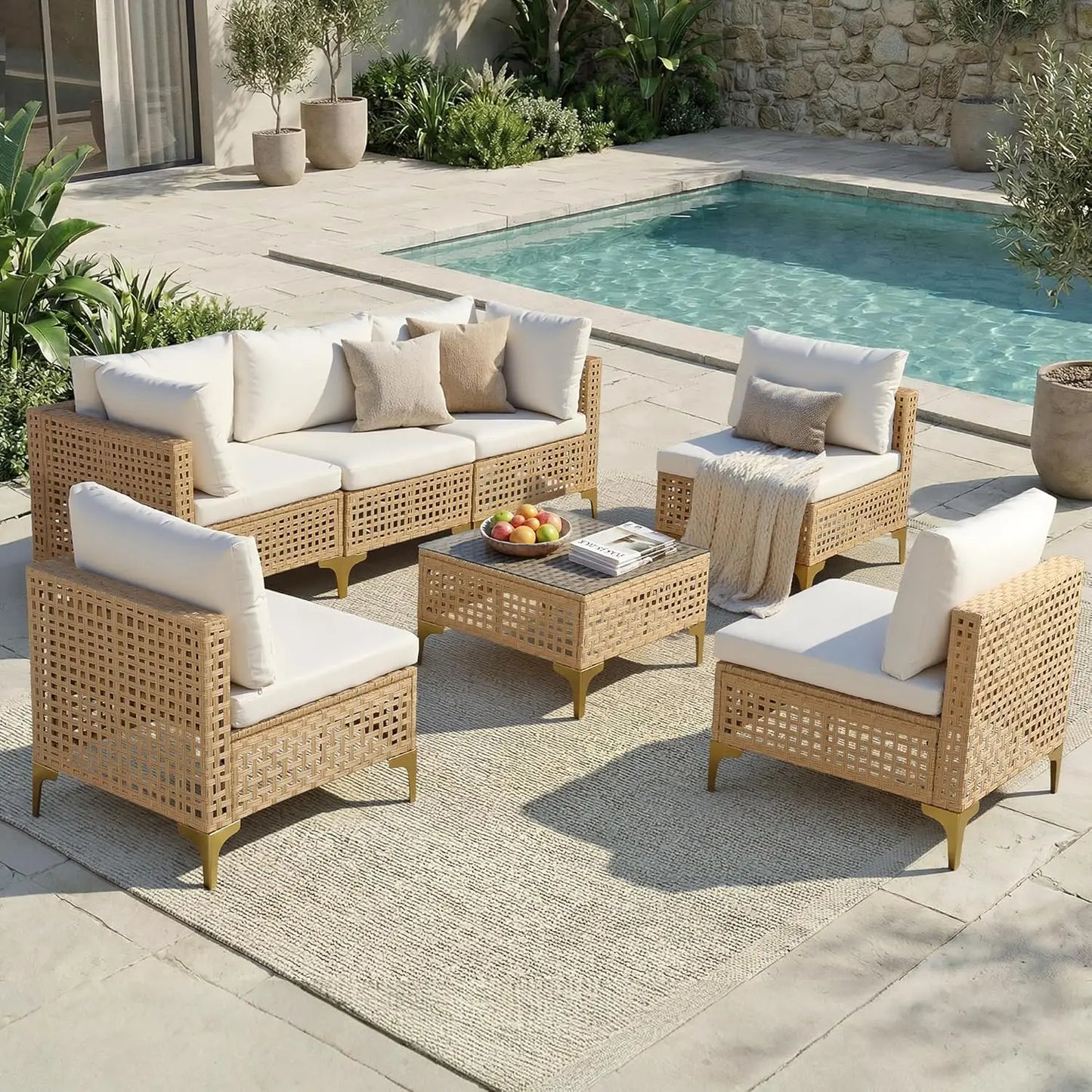 7-Piece Wicker Patio Sectional Sofa with Cushions & Glass Coffee Table. Customized