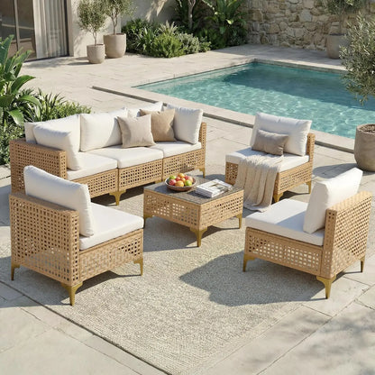 7-Piece Wicker Patio Sectional Sofa with Cushions & Glass Coffee Table. Customized
