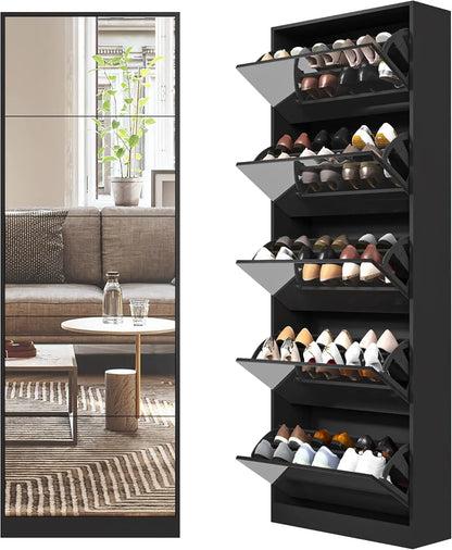 Shoe Storage Cabinet with Full Length Mirror, 30 Pairs & 5 Flip Drawer, Free Standing