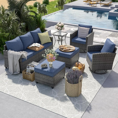 6pc PE Rattan Sectional Sofa, Swivel Chair & Side Table 4" Cushions