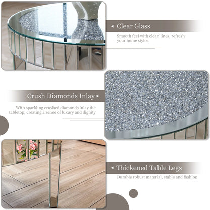 FATIVO Large Round Mirrored Coffee Table Beveled, Crushed Diamond End Table